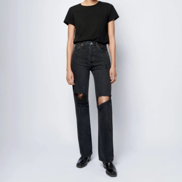 RE/DONE Originals High Rise Loose Washed Black With Rips 30 - Picture 1 of 9